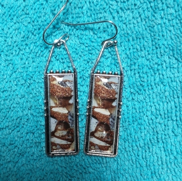 Silver Brown Grey Marble Wire Dangle Rectangular Earrings - Picture 1 of 3